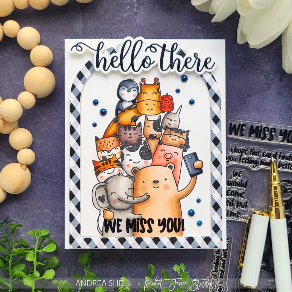 Critters Hello card by Andrea Shell | Animal Crackers: We Miss You stamp by Picket Fence Studios
