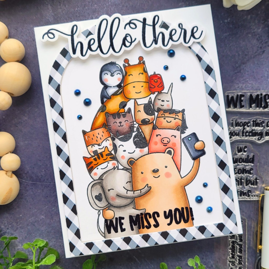 Critters Hello card by Andrea Shell | Animal Crackers: We Miss You stamp by Picket Fence Studios