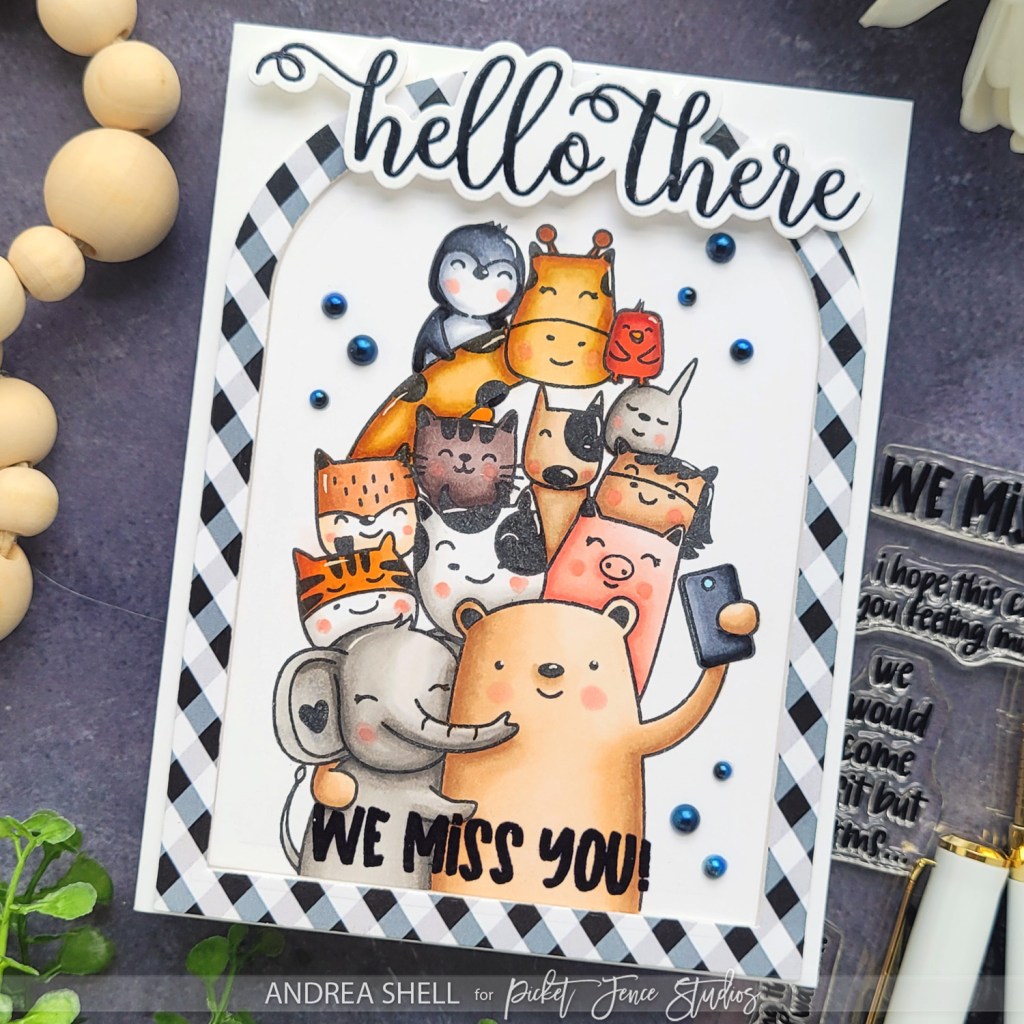 Critters Hello card by Andrea Shell | Animal Crackers: We Miss You stamp by Picket Fence Studios