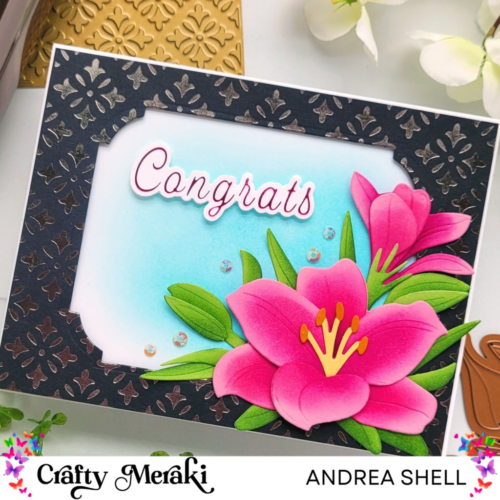 Peony Congrats card by Andrea Shell | Artisan Flora Lily Dies by Crafty Meraki