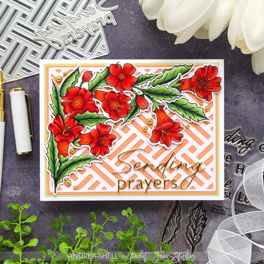 Sending Prayers Floral card by Andrea Shell | Blooming Trumpet Flowers stamp by Picket Fence Studios