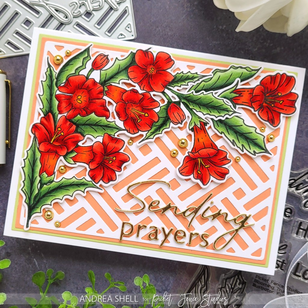 Sending Prayers Floral card by Andrea Shell | Blooming Trumpet Flowers stamp by Picket Fence Studios