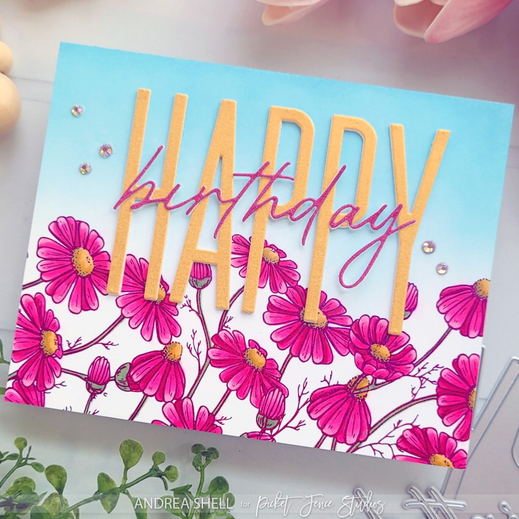 Foiled Coneflowers by Andrea Shell | Happy Birthday Word Dies by Picket Fence Studios