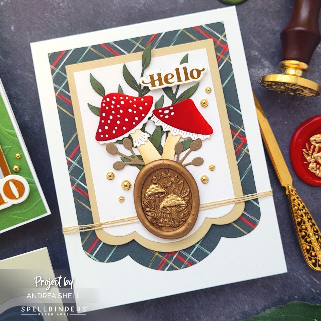 Hello Mushrooms Card by Andrea Shell | Forest Mushrooms 3D Wax Seal Stamp by Spellbinders