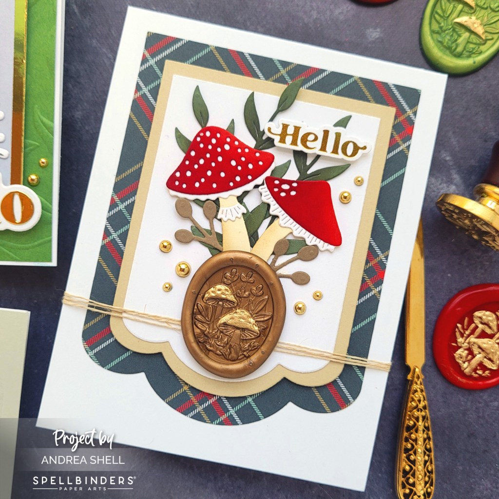 Hello Mushrooms Card by Andrea Shell | Forest Mushrooms 3D Wax Seal Stamp by Spellbinders