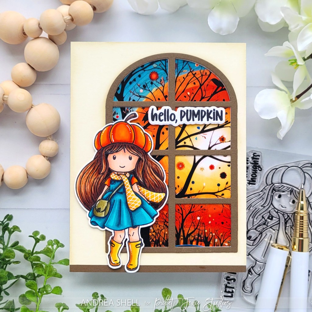 Hello Pumpkin card by Andrea Shell | Freckle Friends: Penelope Pumpkin stamp by Picket Fence Studios