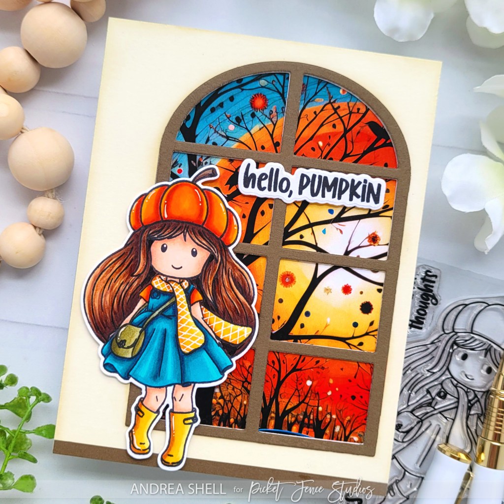 Hello Pumpkin card by Andrea Shell | Freckle Friends: Penelope Pumpkin stamp by Picket Fence Studios