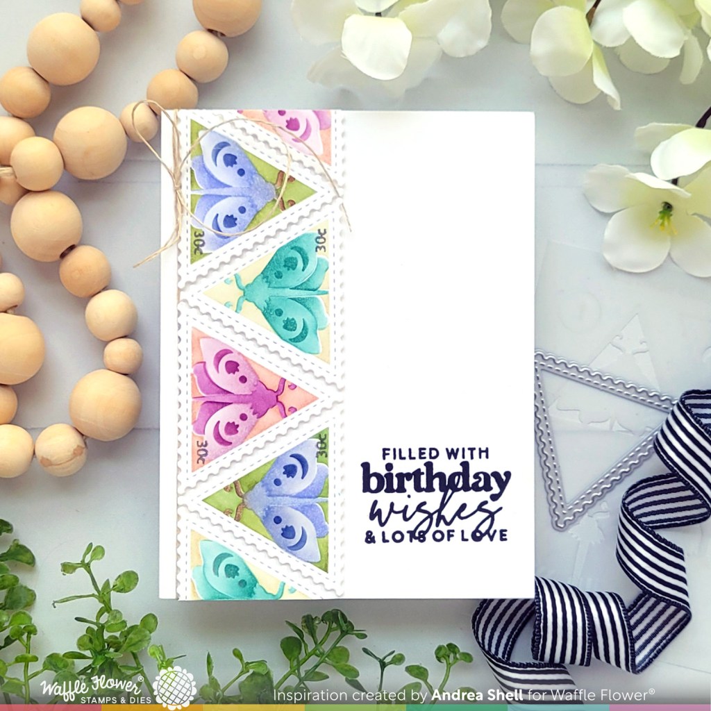Moth Postage Birthday Wishes card by Andrea Shell | Postage Collage Moth Die-n-Stencil by Waffle Flower Crafts