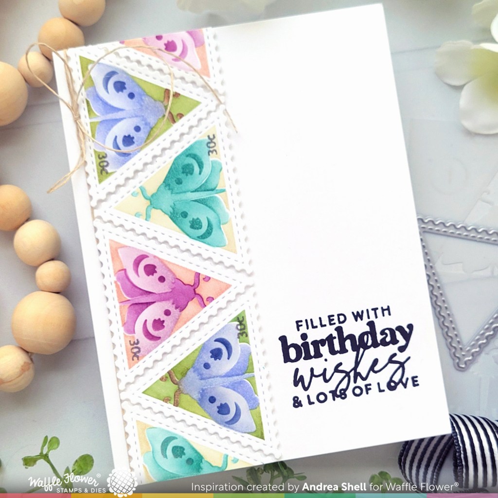 Moth Postage Birthday Wishes card by Andrea Shell | Postage Collage Moth Die-n-Stencil by Waffle Flower Crafts