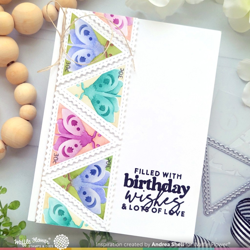 Moth Postage Birthday Wishes card by Andrea Shell | Postage Collage Moth Die-n-Stencil by Waffle Flower Crafts