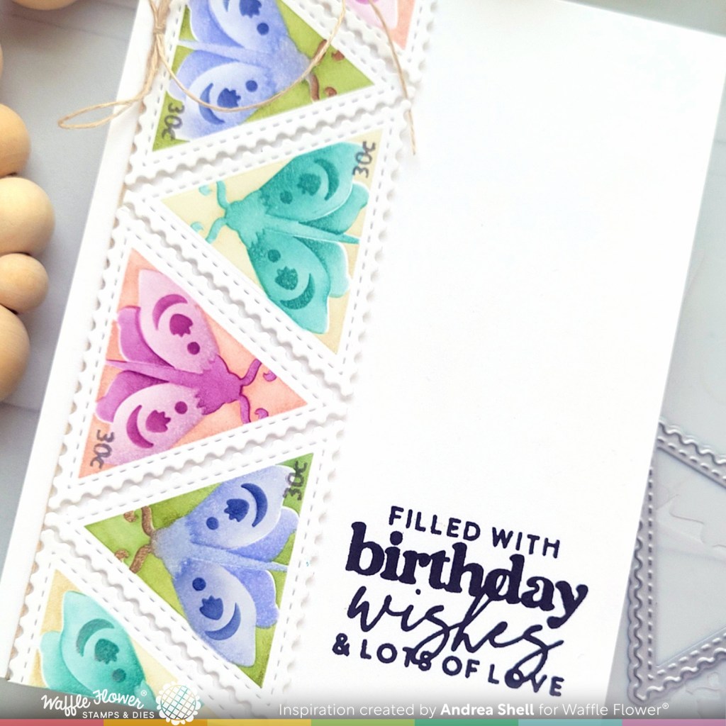 Moth Postage Birthday Wishes card by Andrea Shell | Postage Collage Moth Die-n-Stencil by Waffle Flower Crafts