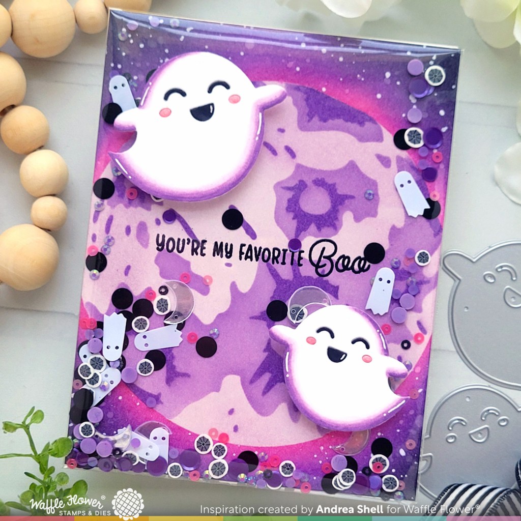 Purple Ghosts Infinisty Shaker card by Andrea Shell | Sweet Ghosts Dies by Waffle Flower Crafts