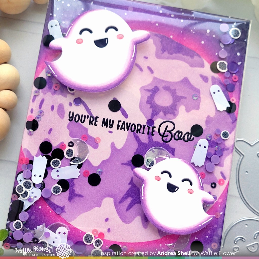 Purple Ghosts Infinisty Shaker card by Andrea Shell | Sweet Ghosts Dies by Waffle Flower Crafts