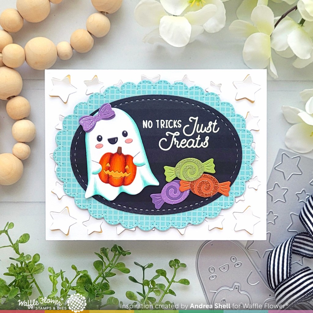 No Tricks Just Treats Halloween card by Andrea Shell | Sweet Ghosts Dies by Waffle Flower Crafts