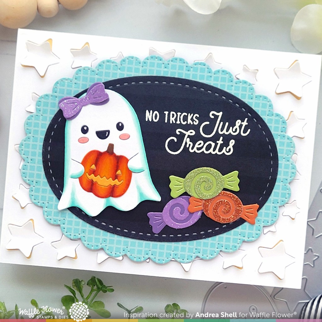 No Tricks Just Treats Halloween card by Andrea Shell | Sweet Ghosts Dies by Waffle Flower Crafts