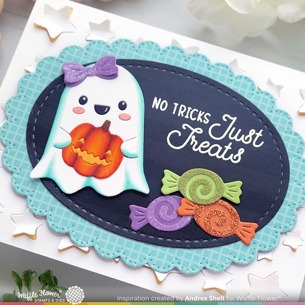No Tricks Just Treats Halloween card by Andrea Shell | Sweet Ghosts Dies by Waffle Flower Crafts