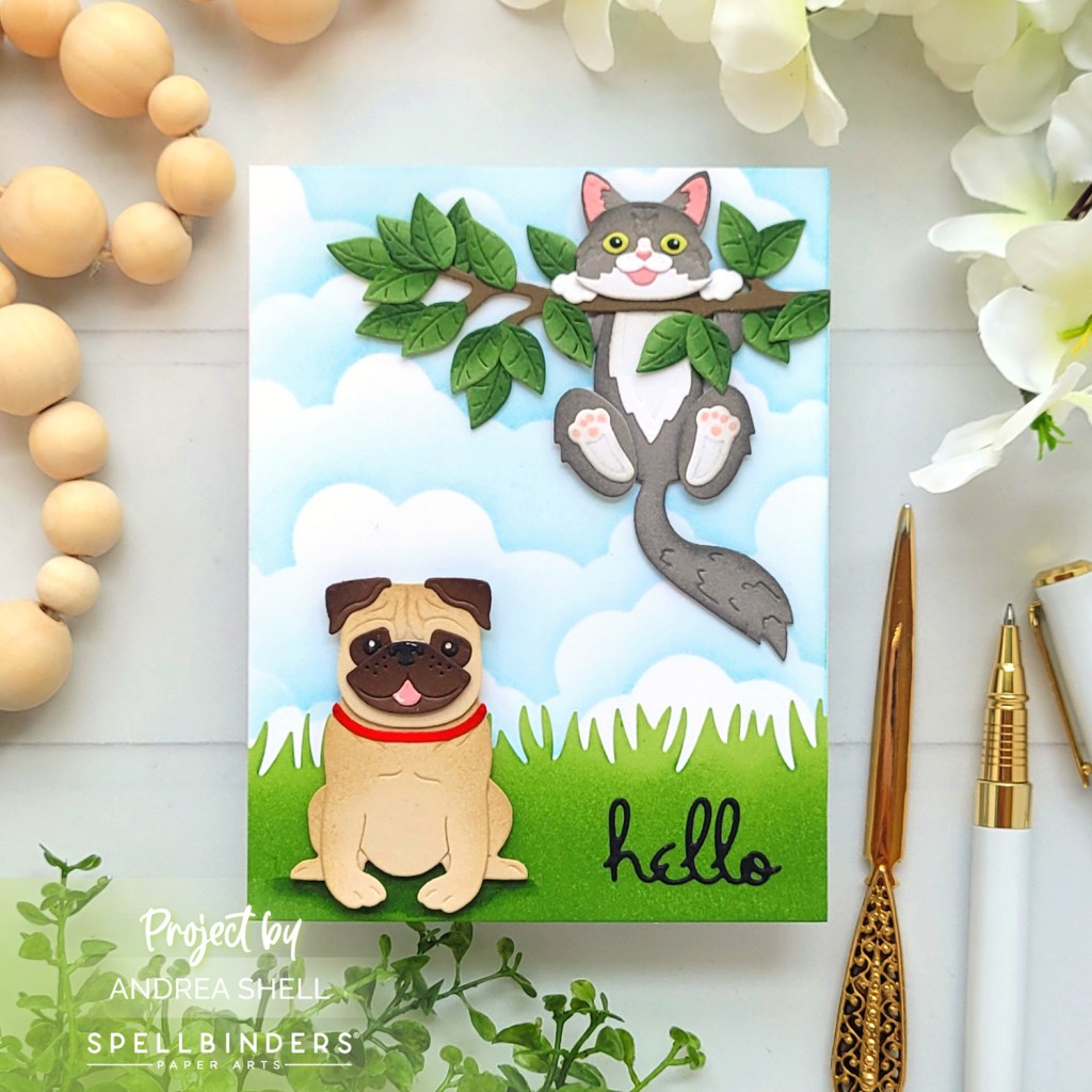 Hello card by Andrea Shell | Cheerful Kittens and Party Puggles Dies by Spellbinders
