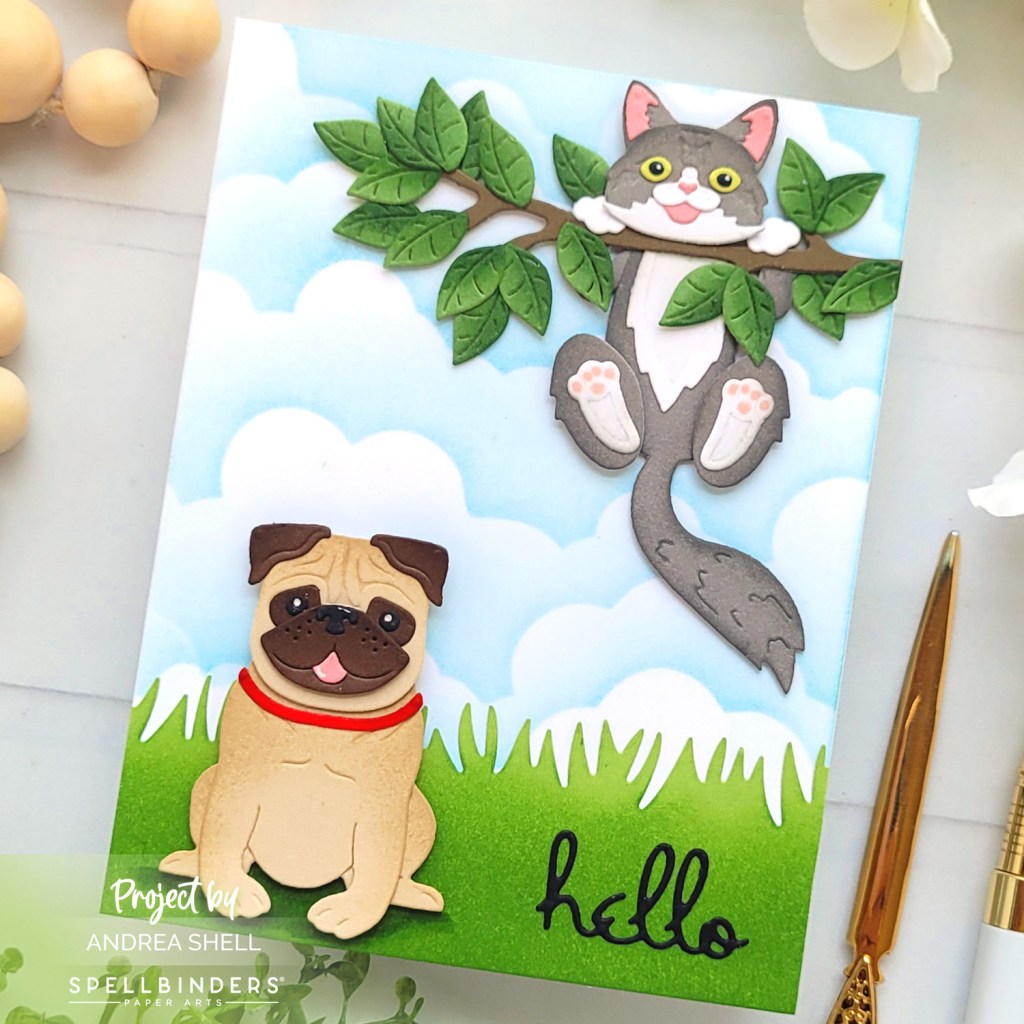 Hello card by Andrea Shell | Cheerful Kittens and Party Puggles Dies by Spellbinders