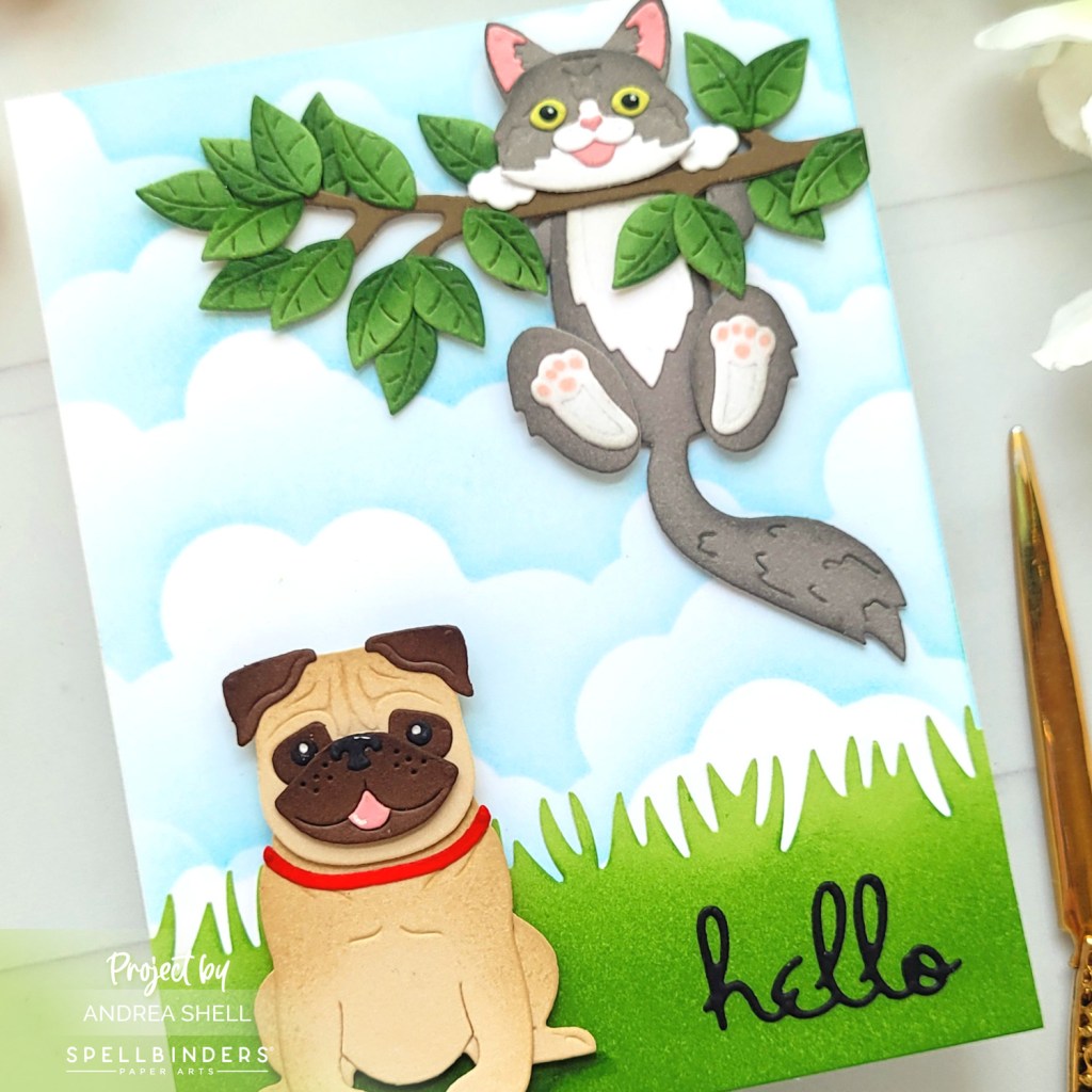 Hello card by Andrea Shell | Cheerful Kittens and Party Puggles Dies by Spellbinders