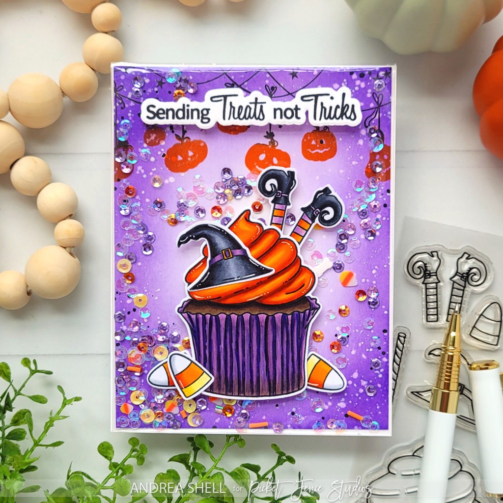 Halloween Cupcake Infinity Shaker card by Andrea Shell | Sweet Spooky Holiday stamp by Picket Fence Studios
