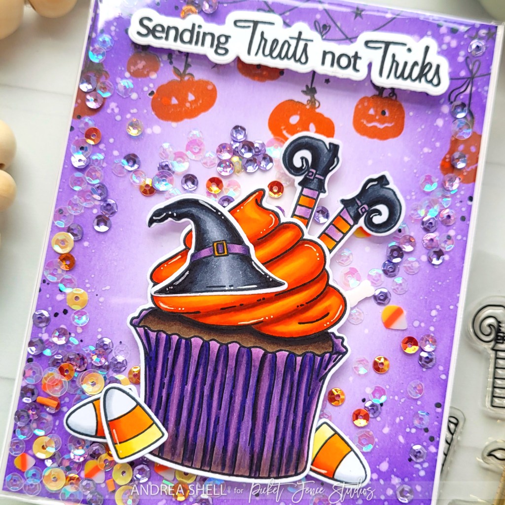 Halloween Cupcake Infinity Shaker card by Andrea Shell | Sweet Spooky Holiday stamp by Picket Fence Studios