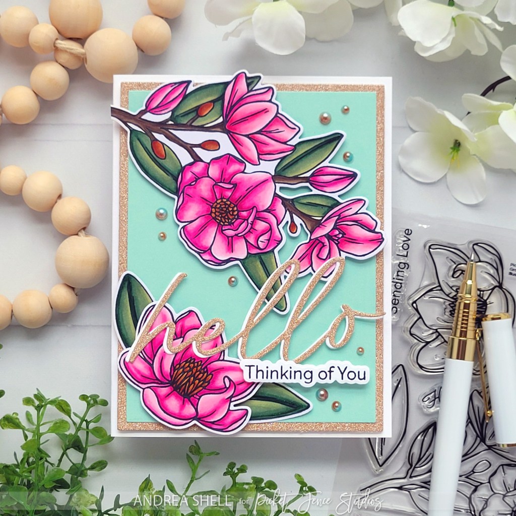 Floral Hello card by Andrea Shell | Graceful Magnolias stamp by Picket Fence Studios