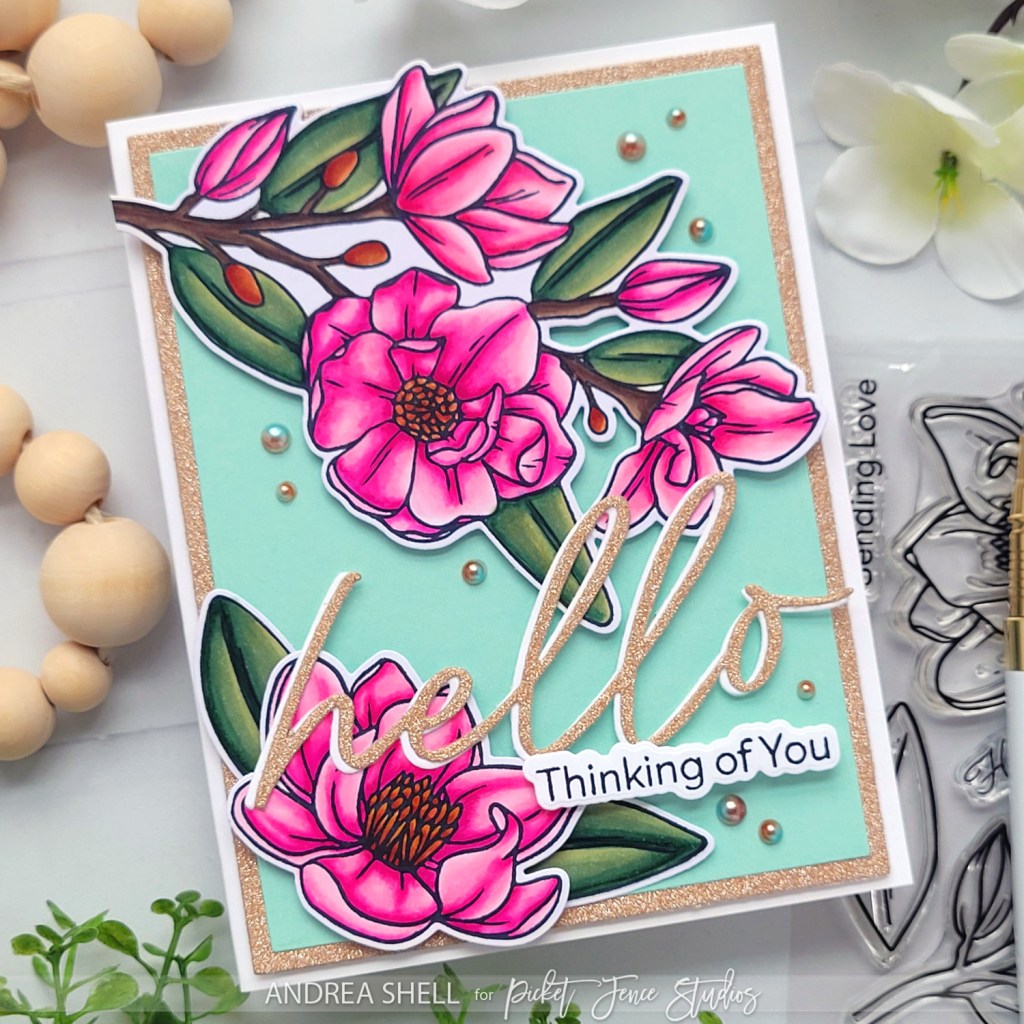 Floral Hello card by Andrea Shell | Graceful Magnolias stamp by Picket Fence Studios