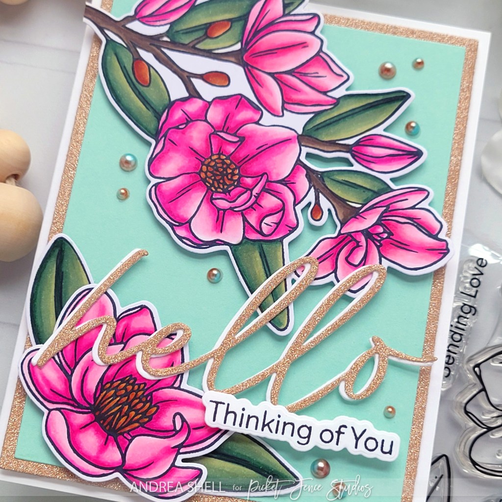 Floral Hello card by Andrea Shell | Graceful Magnolias stamp by Picket Fence Studios