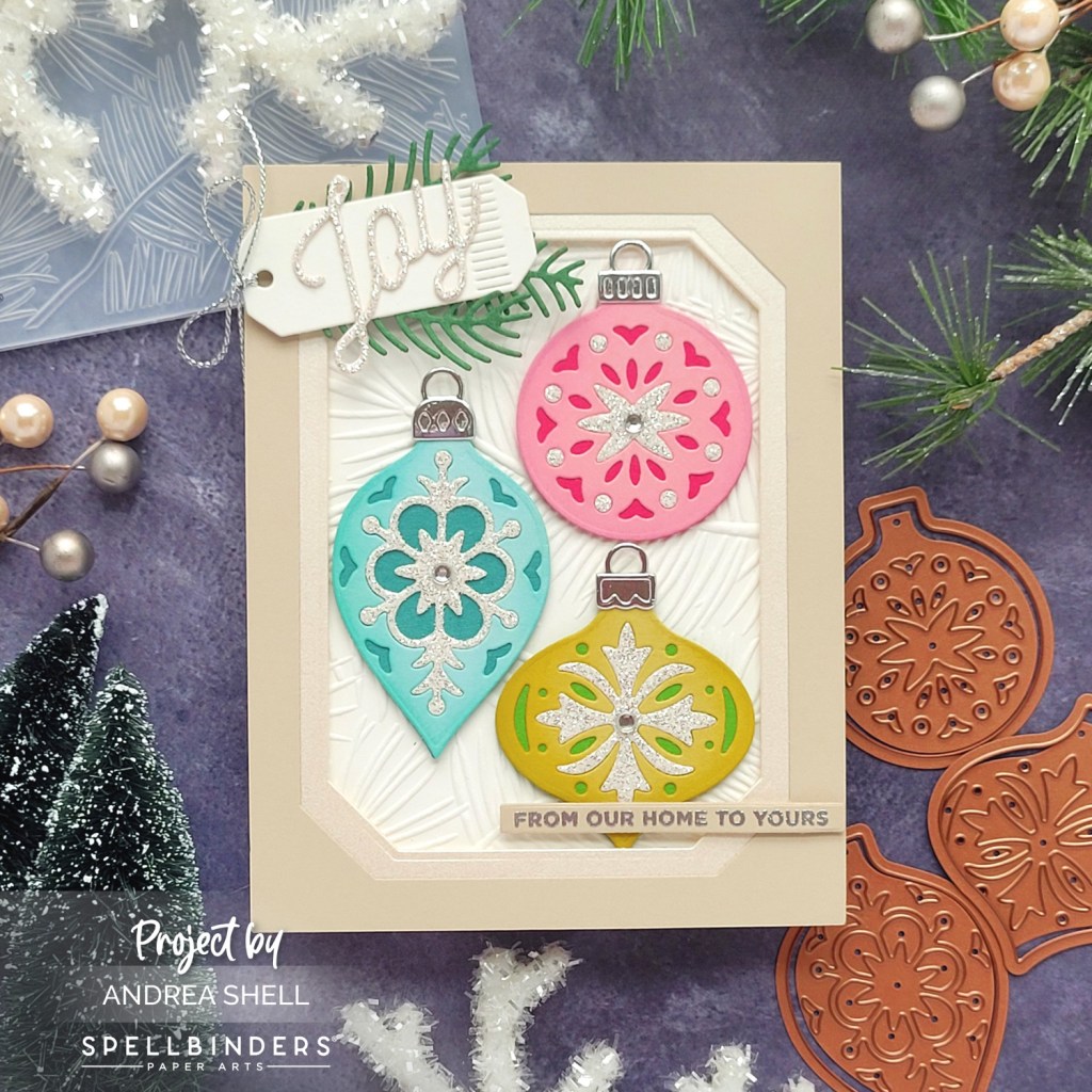 Joy Ornaments card by Andrea Shell | Vintage Layered Ornaments Dies by Spellbinders