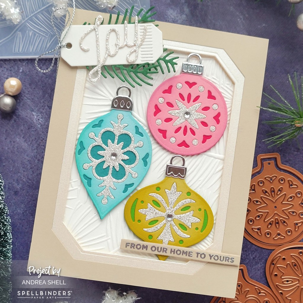 Joy Ornaments card by Andrea Shell | Vintage Layered Ornaments Dies by Spellbinders