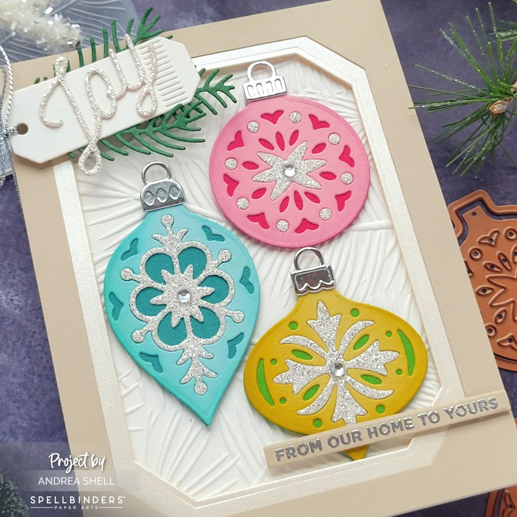 Joy Ornaments card by Andrea Shell | Vintage Layered Ornaments Dies by Spellbinders