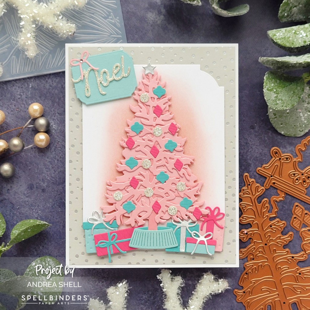 Pink Christmas Tree card by Andrea Shell | Classic Christmas Tree Dies by Spellbinders
