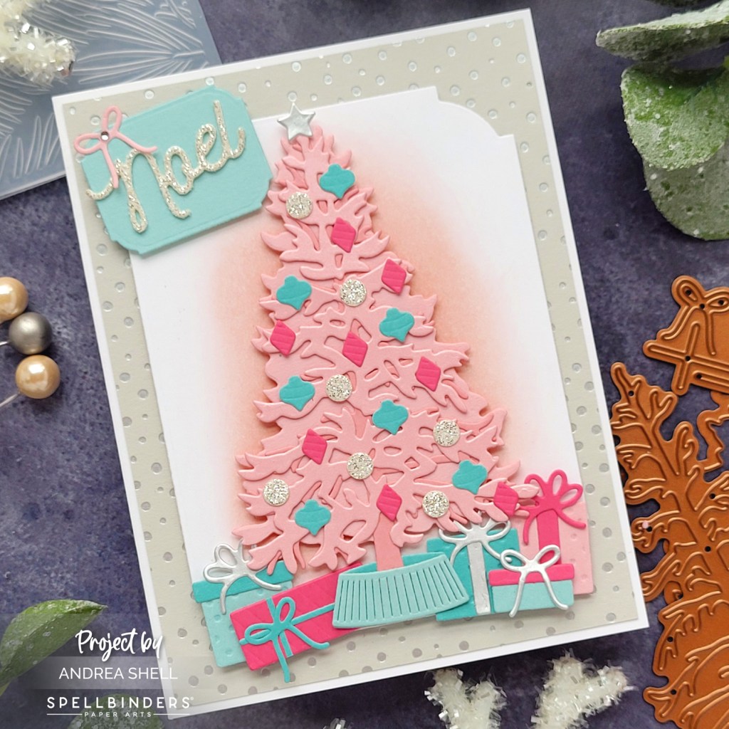 Pink Christmas Tree card by Andrea Shell | Classic Christmas Tree Dies by Spellbinders