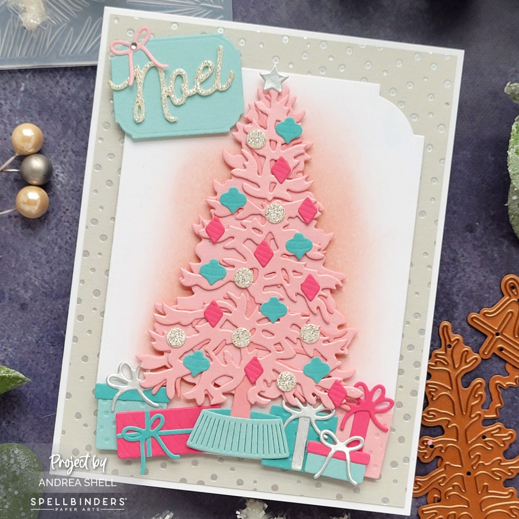 Pink Christmas Tree card by Andrea Shell | Classic Christmas Tree Dies by Spellbinders