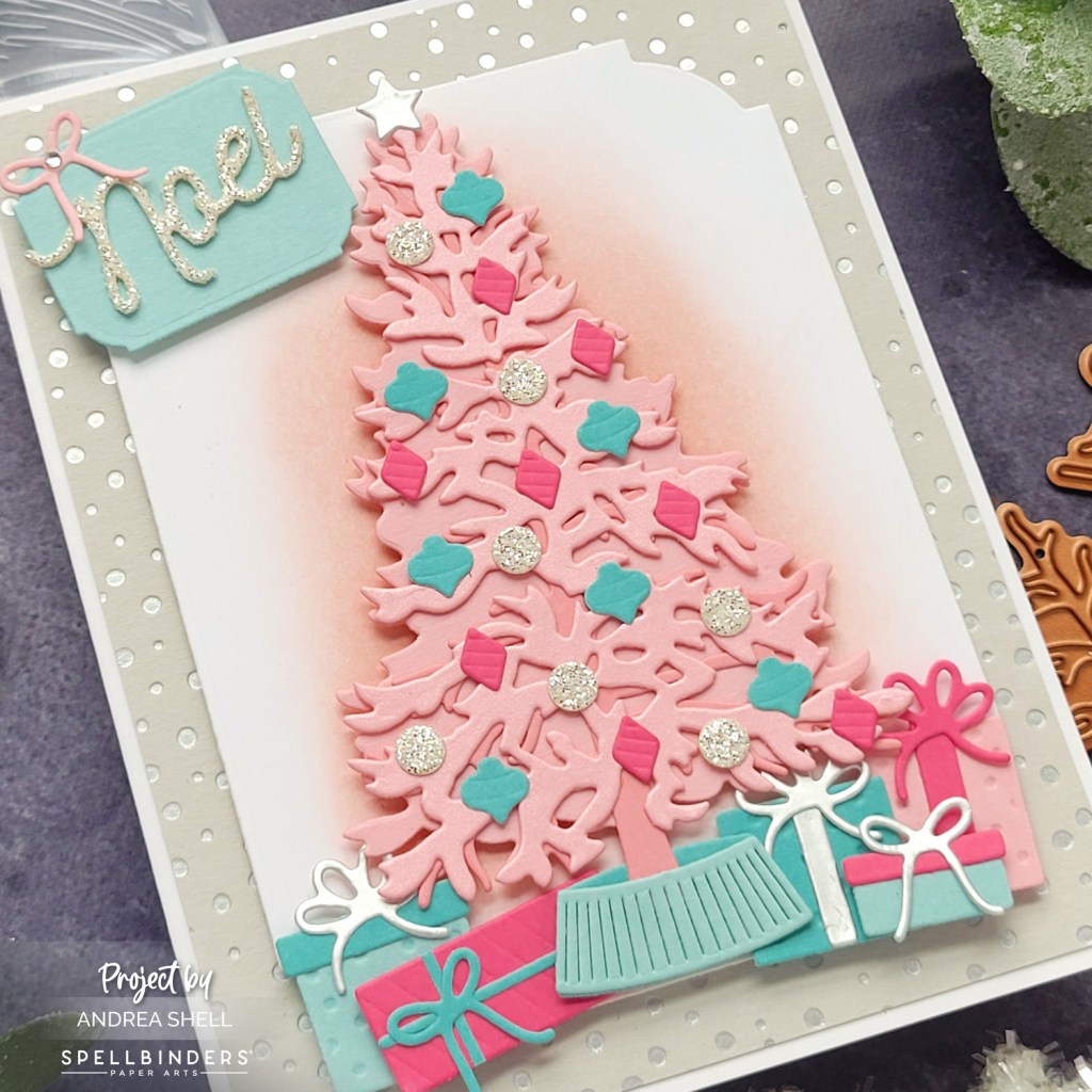 Pink Christmas Tree card by Andrea Shell | Classic Christmas Tree Dies by Spellbinders