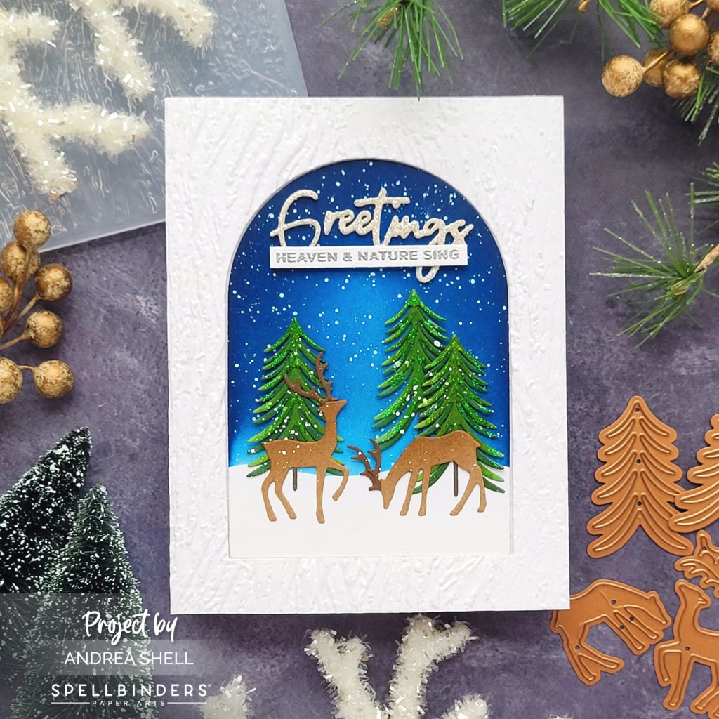 Greetings Snowy Deer card by Andrea Shell | Mantle Decorations Dies by Spellbinders