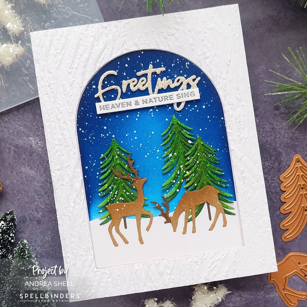 Greetings Snowy Deer card by Andrea Shell | Mantle Decorations Dies by Spellbinders