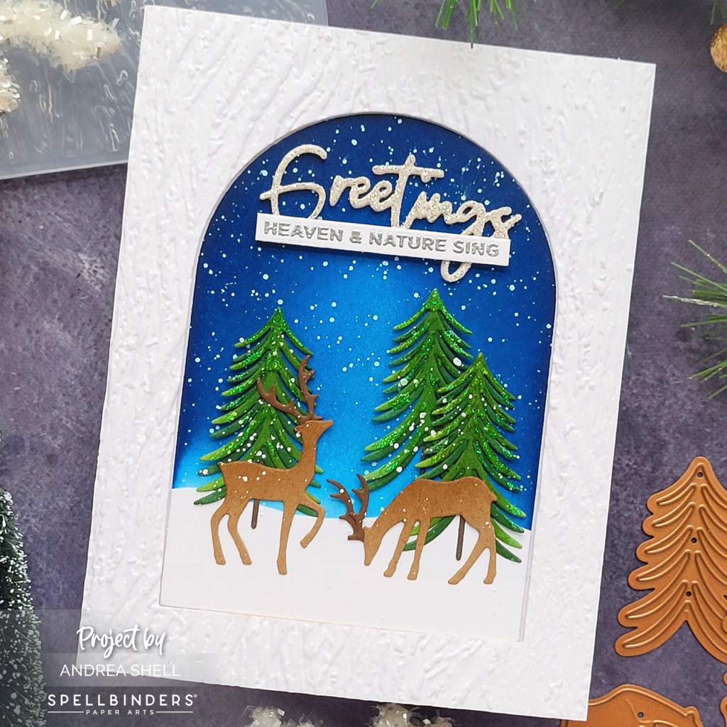 Greetings Snowy Deer card by Andrea Shell | Mantle Decorations Dies by Spellbinders
