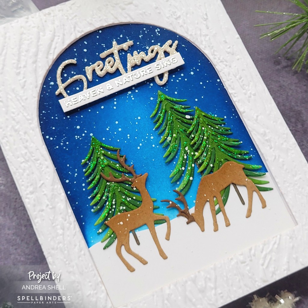 Greetings Snowy Deer card by Andrea Shell | Mantle Decorations Dies by Spellbinders