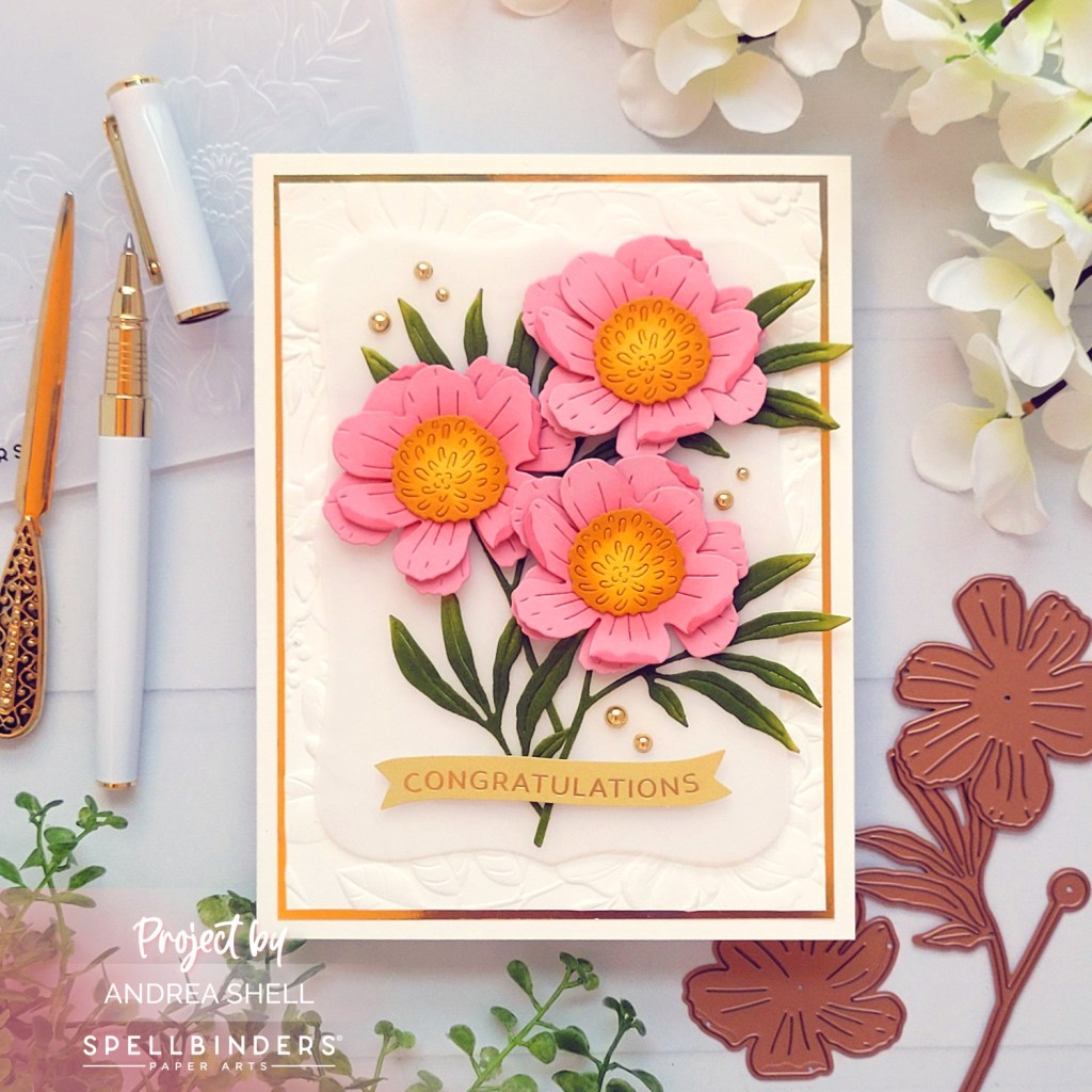 Pink Floral Congratulations card by Andrea Shell | Woodland Tales Floral Dies by Spellbinders