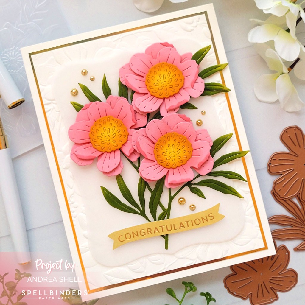 Pink Floral Congratulations card by Andrea Shell | Woodland Tales Floral Dies by Spellbinders