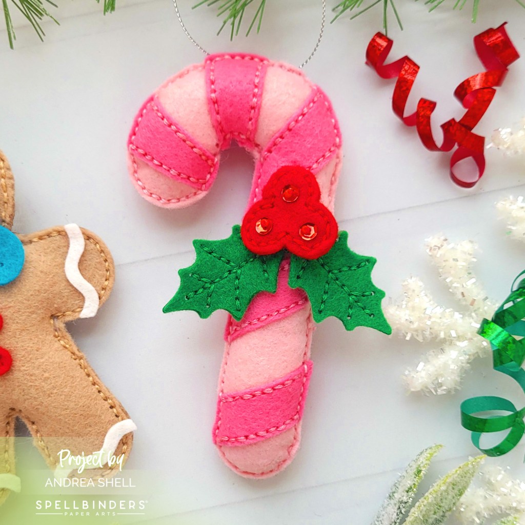 Felt Candy Cane Ornament by Andrea Shell | Felt Candy Cane Dies by Spellbinders