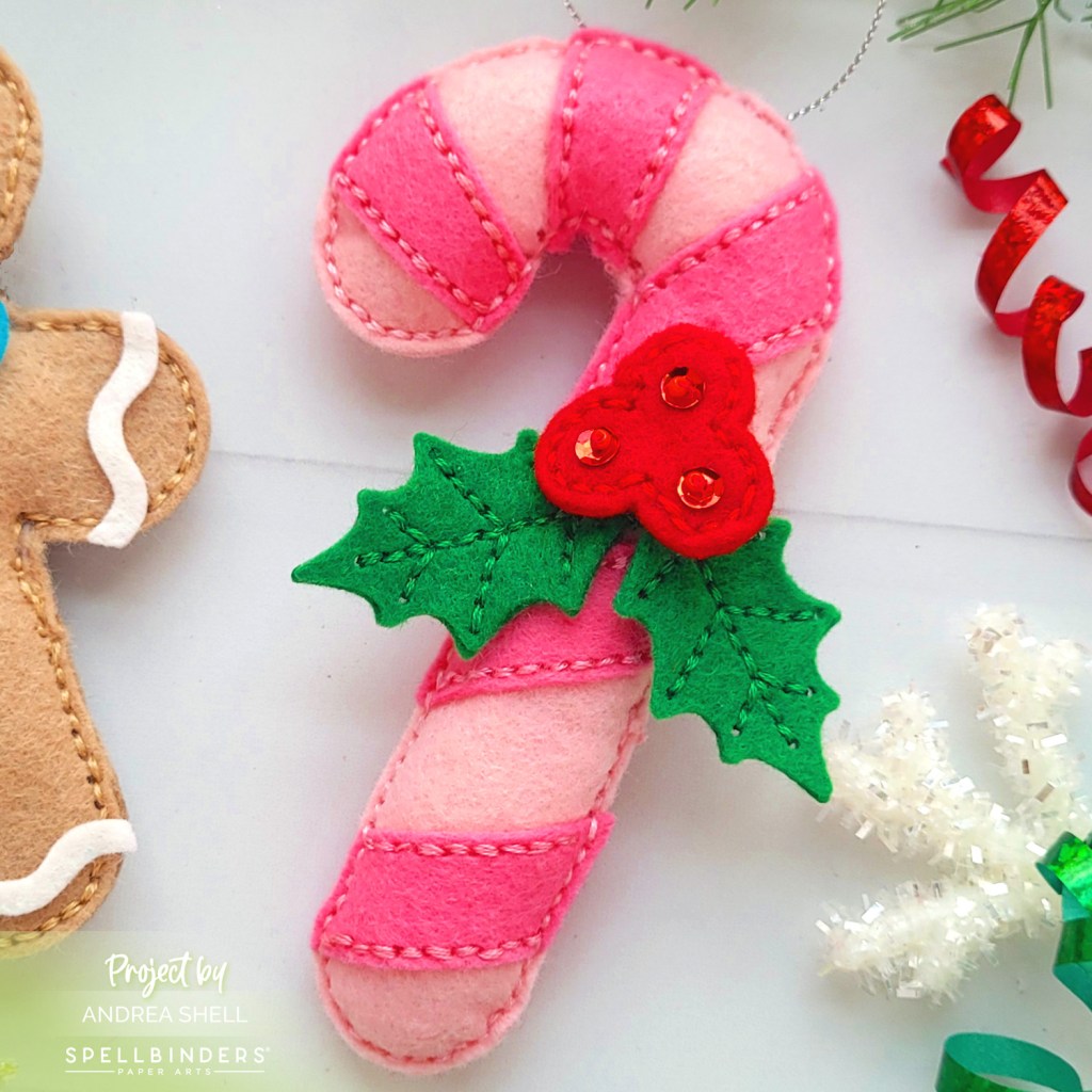 Felt Candy Cane Ornament by Andrea Shell | Felt Candy Cane Dies by Spellbinders