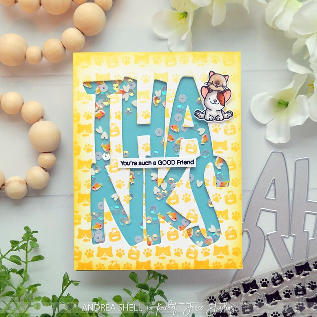 Pet Thanks Shaker card by Andrea Shell | Thanks Stacked Word Die by Picket Fence Studios