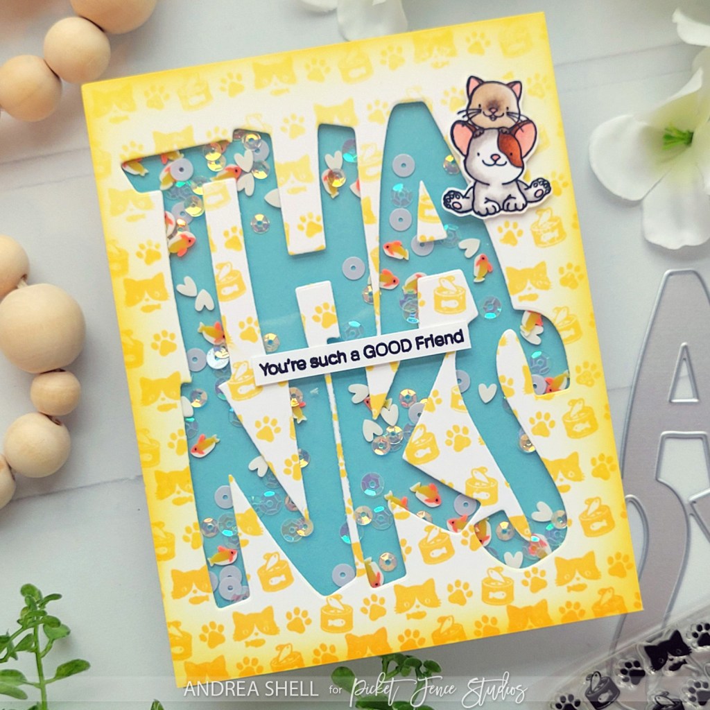 Pet Thanks Shaker card by Andrea Shell | Thanks Stacked Word Die by Picket Fence Studios