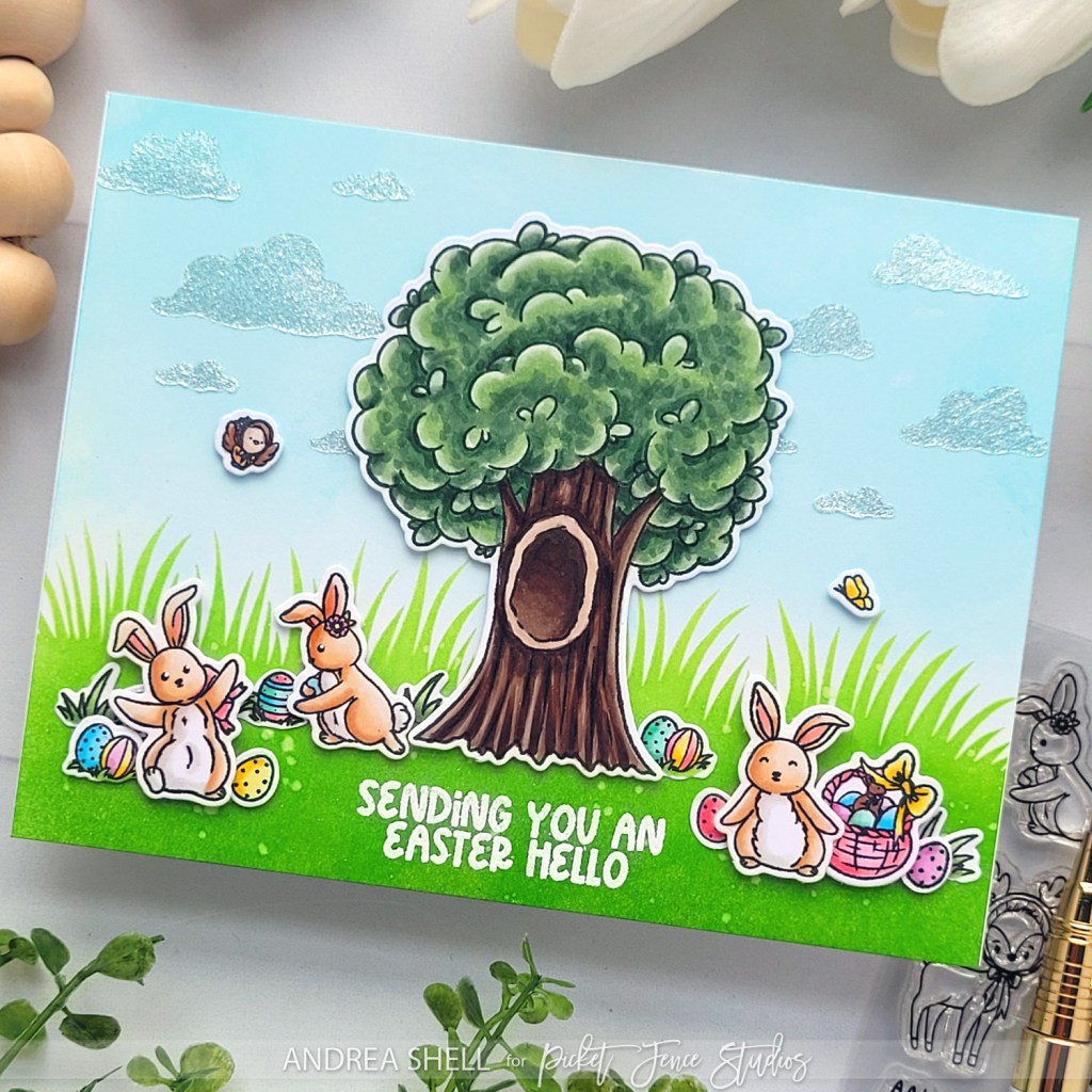 Easter Hello scene card by Andrea Shell | Peach and Piper: Easter Adventures stamp by Picket Fence Studios