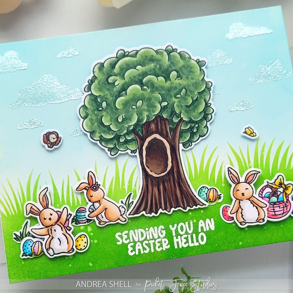 Easter Hello scene card by Andrea Shell | Peach and Piper: Easter Adventures stamp by Picket Fence Studios