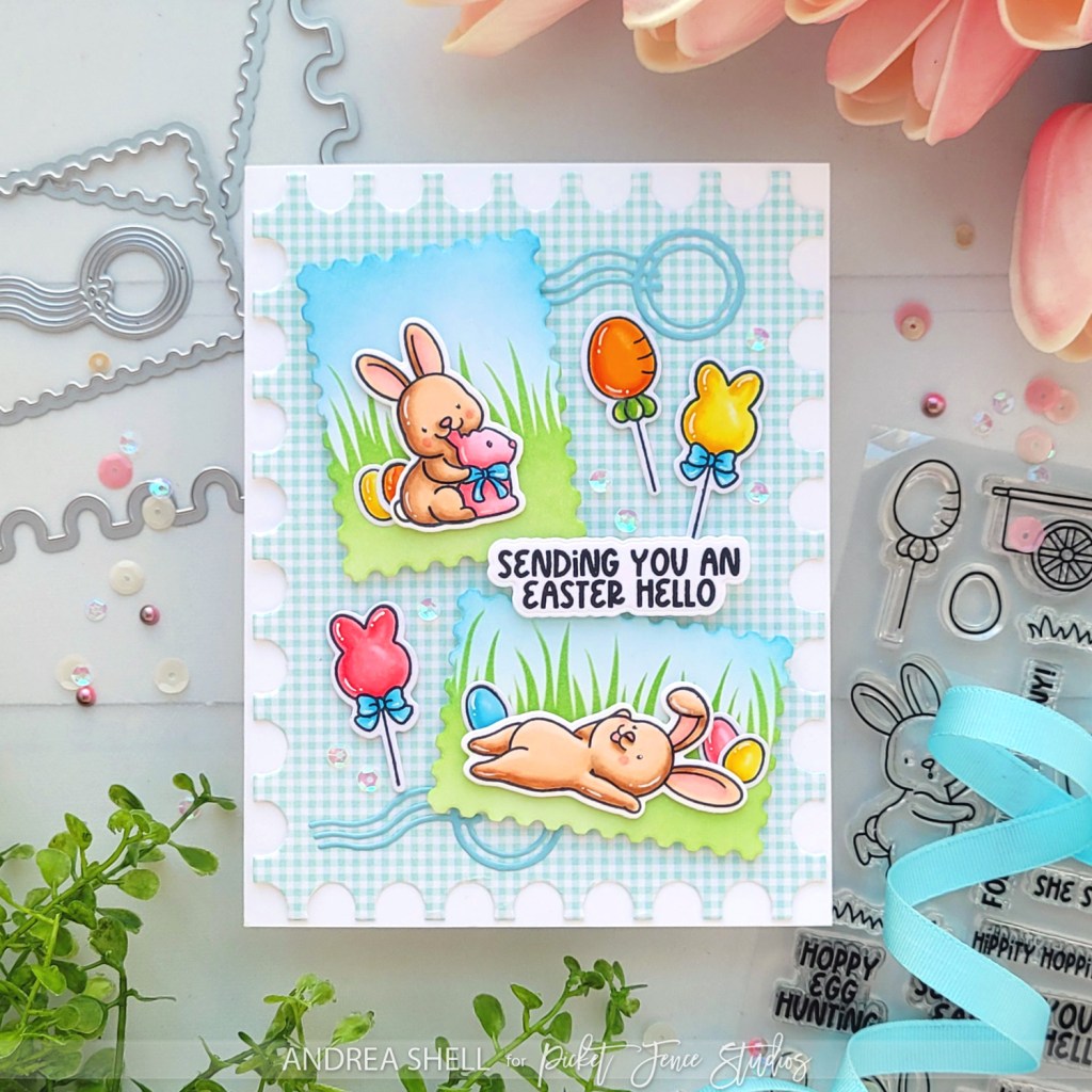 Easter Hello card by Andrea Shell | Follow that Bunny stamp by Picket Fence Studios