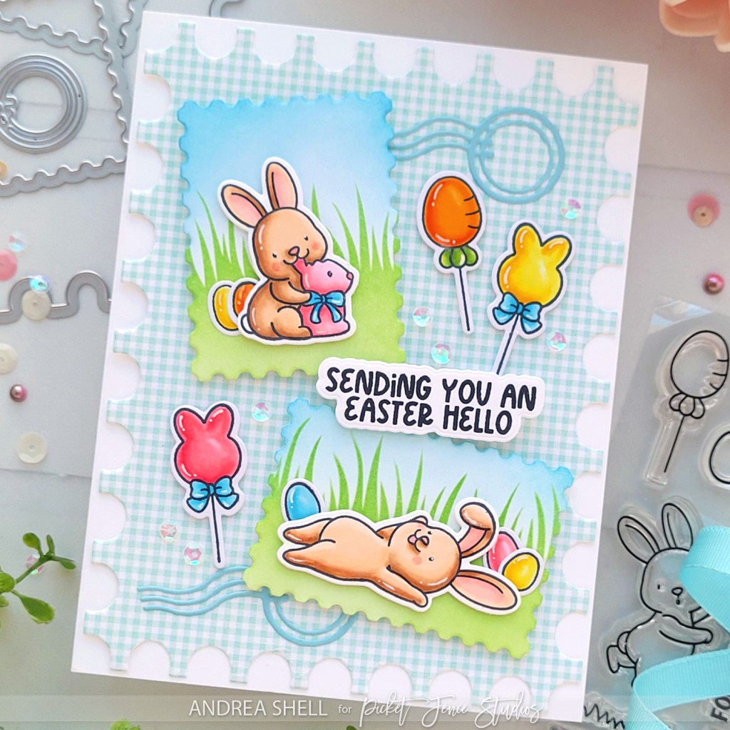 Easter Hello card by Andrea Shell | Follow that Bunny stamp by Picket Fence Studios