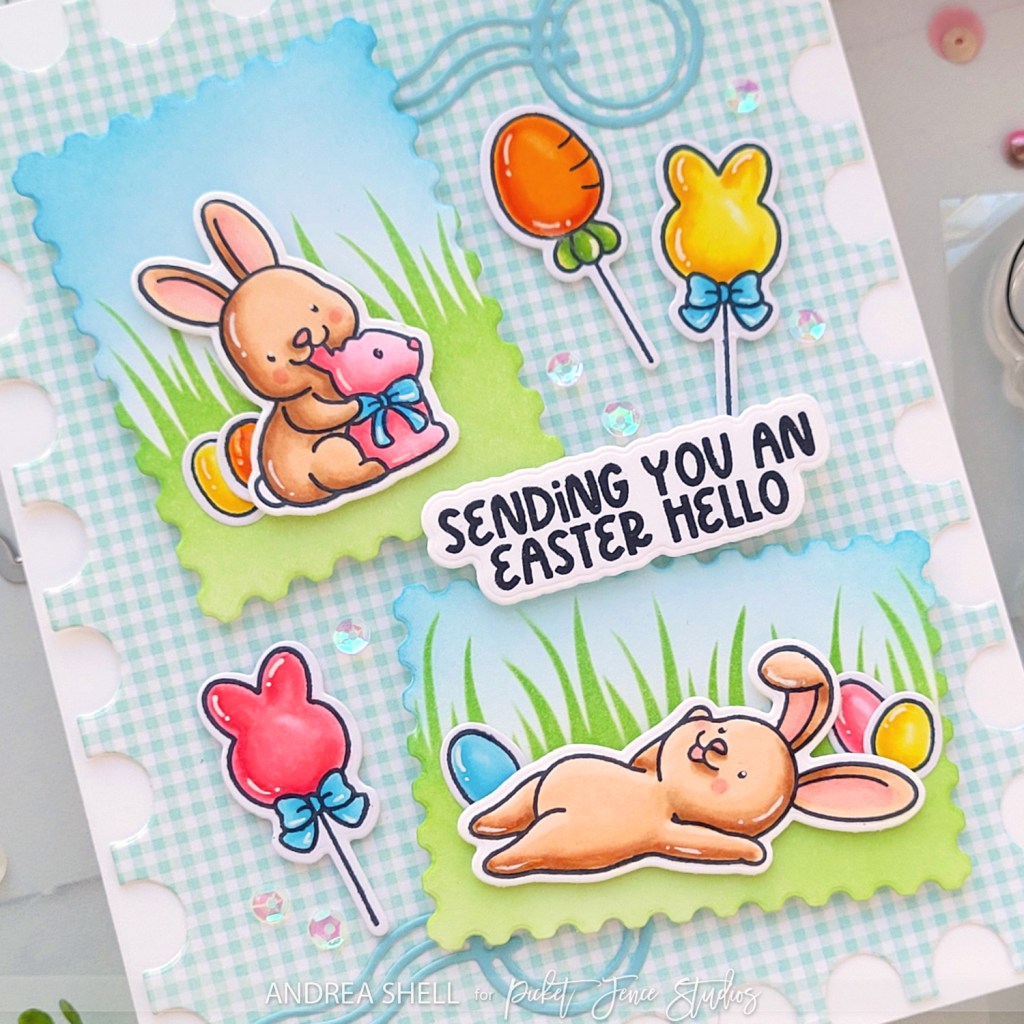 Easter Hello card by Andrea Shell | Follow that Bunny stamp by Picket Fence Studios